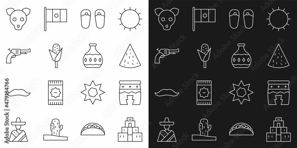Set line Chichen Itza in Mayan, Huehuetl, Nachos, Flip flops, Corn, Revolver gun, Dog and Tequila bottle icon. Vector Set line Chichen Itza in Mayan, Huehuetl, Nachos, Flip flops, Corn, Revolver gun, Dog and Tequila bottle icon. Vector