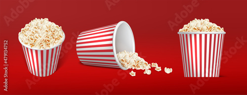 3d realistic icon. Popcorn stripped boxes in top, side and front view. Isolated on red background.