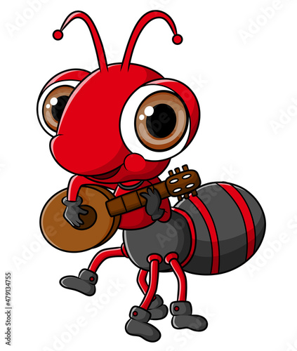 The cute ant is playing guitar with a nice sounds