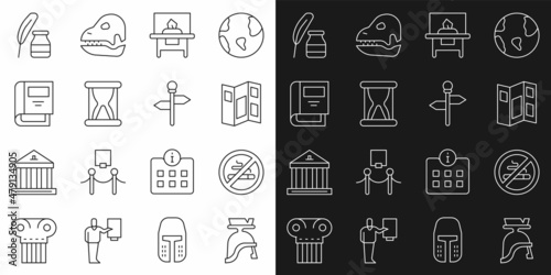 Set line Roman army helmet, No Smoking, Museum guide brochure, Glass showcase for exhibit, Old hourglass with sand, History book, Feather inkwell and Road traffic signpost icon. Vector