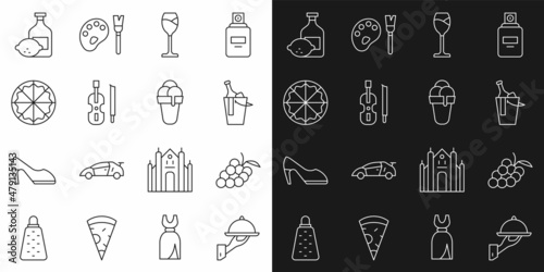 Set line Covered with tray of food, Grape fruit, Bottle wine in bucket, Wine glass, Violin, Pizza, Limoncello bottle and Ice cream icon. Vector
