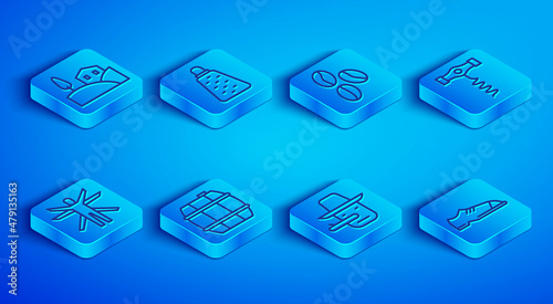 Set line Village landscape, Grater, Coffee beans, Barrel for wine, Pinocchio, Wine corkscrew, Vitruvian Man and Men shoes icon. Vector