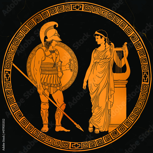 Ancient Greek warrior in armor and a helmet with a spear and shield and a woman in a tunic with a harp. Two figures in a round frame with meander ornament.