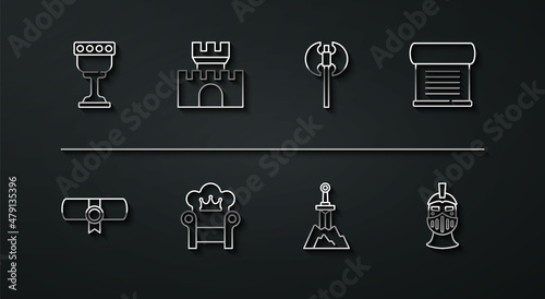 Set line Medieval goblet, Decree, parchment, scroll, Sword in the stone, throne, Castle, fortress, iron helmet and axe icon. Vector