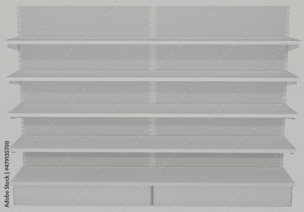 Empty commercial shelving to complete with advertisements and products. 3D image. Supermarket shelves. Commercial mock up. Interior graphic design. Empty commercial shelving to complete with advertisements and products. 3D image. Supermarket shelves. Commercial mock up. Interior graphic design.