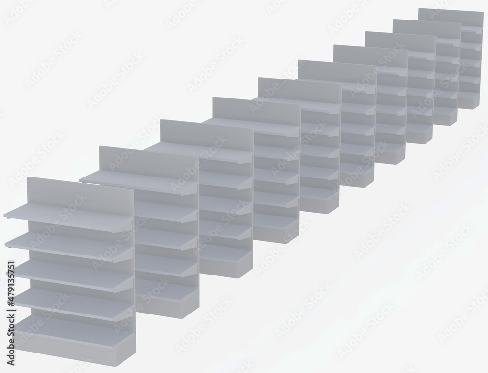 Empty commercial shelving to complete with advertisements and products. 3D image. Supermarket shelves. Commercial mock up. Interior graphic design. Empty commercial shelving to complete with advertisements and products. 3D image. Supermarket shelves. Commercial mock up. Interior graphic design.