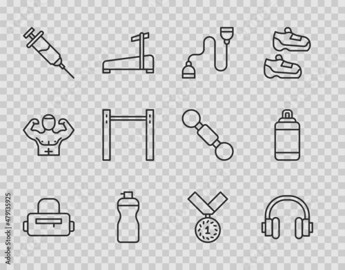 Set line Sport bag, Headphones, Chest expander, Fitness shaker, Doping syringe, Horizontal bar, Medal and Punching icon. Vector