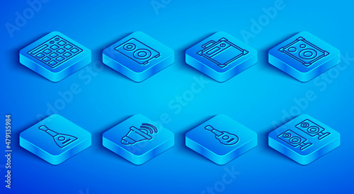 Set line Drum machine, Stereo speaker, Guitar amplifier, Speaker volume, Balalaika and icon. Vector