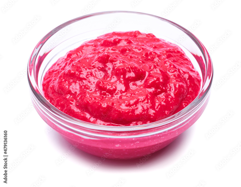 Horseradish red sauce in glass bowl isolated on white Horseradish red sauce in glass bowl isolated on white