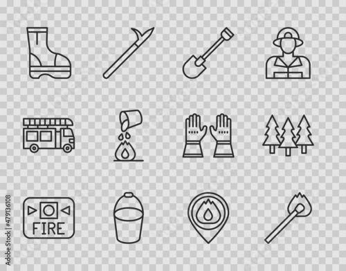Set line Fire alarm system, Burning match with fire, shovel, bucket, boots, Bucket extinguishing, Location flame and Forest icon. Vector