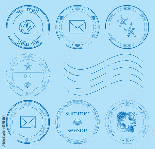 round design stamps ornated seashells and fishes - vector postage marks. For letters, postcards, posters