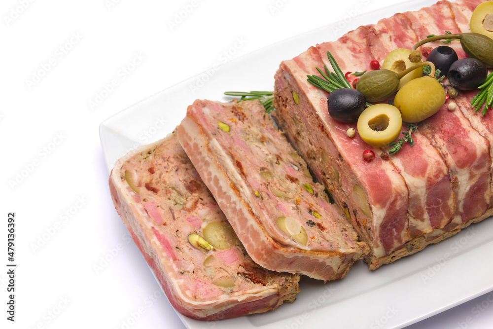Traditional French terrine covered with bacon isolated on white background Traditional French terrine covered with bacon isolated on white background