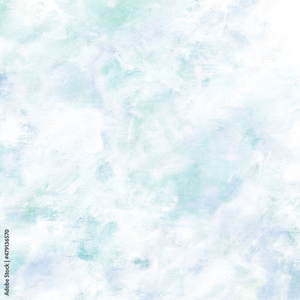 春用の油絵抽象アート背景）白っぽい正方形バナー　水色とエメラルドグリーン　キャンバスのテクスチャ