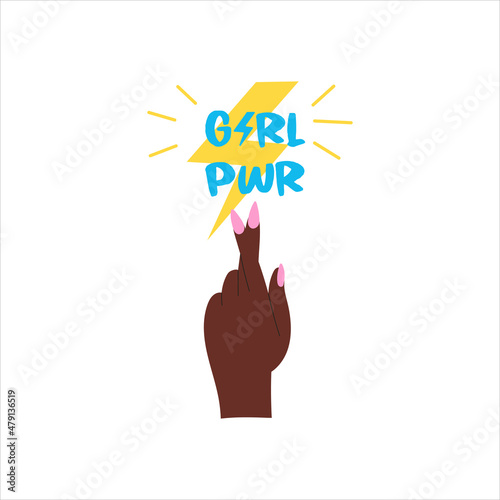 A woman hand on a white background and inscription Girl power. Motivational phrase. Feminist quote. Vector hand drawn isolated illustration for t-shirts, postcards, posters, prints