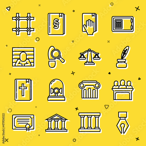 Set line Fountain pen nib, Jurors, Feather and inkwell, Oath on Holy Bible, Footsteps, Prisoner, window and Scales of justice icon. Vector