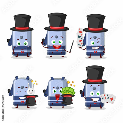 A blue pencil sharpener table Magician cartoon character perform on a stage