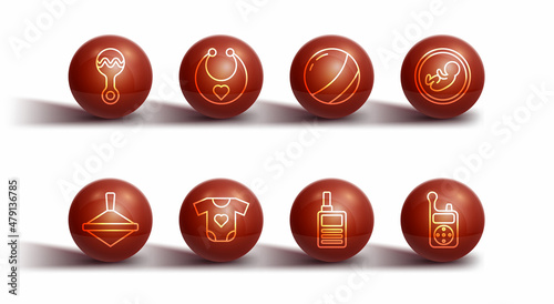 Set line Rattle baby toy, Whirligig, Baby, Monitor Walkie Talkie, clothes, bib, and Beach ball icon. Vector