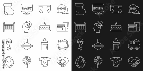 Set line Baby dummy pacifier, Toy train, food, absorbent diaper, crib cradle, socks clothes and Cake with burning candles icon. Vector