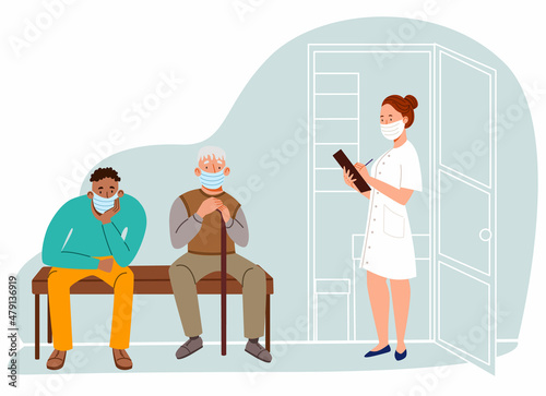 The doctor calls the patient to the office. masked people of different ages waiting in line.
