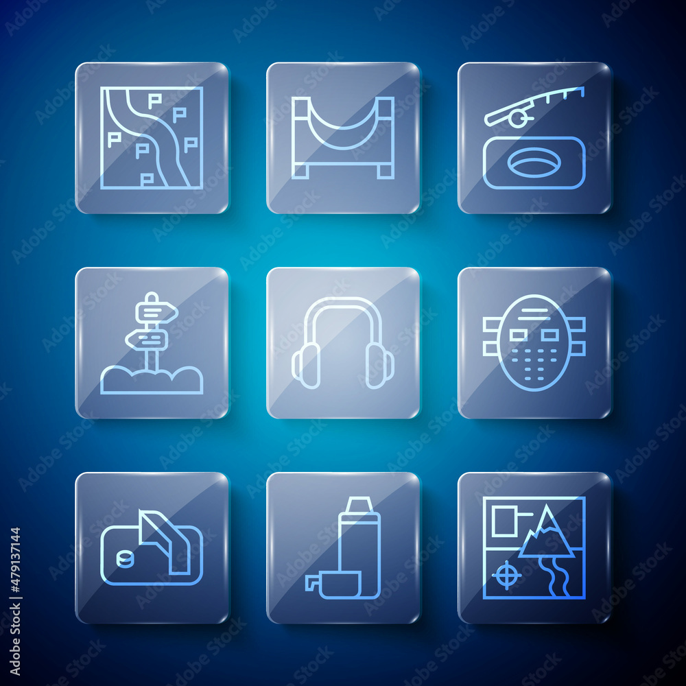 Set line Ice hockey goal, Thermos container, Folded map, Winter fishing, headphones, Road traffic signpost, Route location and Hockey mask icon. Vector Set line Ice hockey goal, Thermos container, Folded map, Winter fishing, headphones, Road traffic signpost, Route location and Hockey mask icon. Vector
