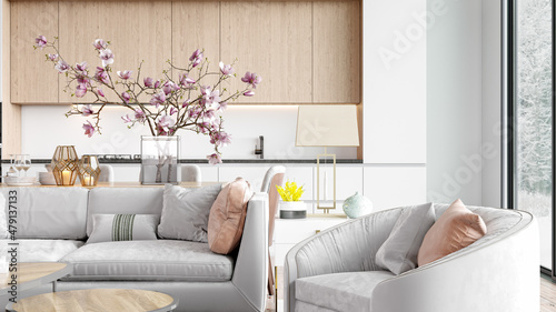 Modern bright Scandinavian-style living room interior. 3D rendering