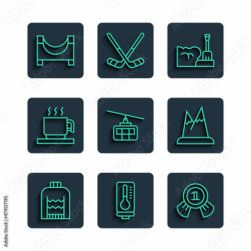 Set line Christmas sweater, Meteorology thermometer, Medal, Shovel in snowdrift, Cable car, Hot chocolate cup, Skate park and Mountains icon. Vector