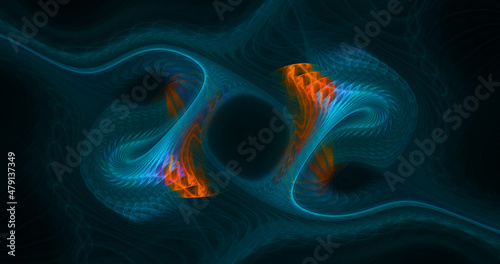 Abstract festive background with blurred fantastic blue and orange swirl. Fantastic glowing fractal shapes. Holiday wallpaper. Digital fractal art. 3d rendering.