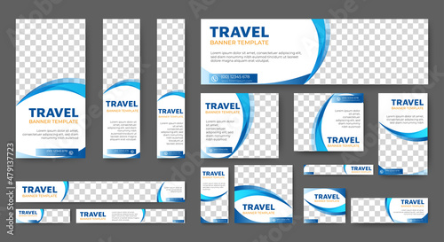 set of travel banners of standard size with a place for photos. Vertical, horizontal and square template. vector illustration
