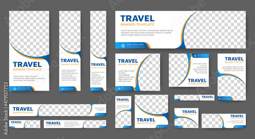 set of travel banners of standard size with a place for photos. Vertical, horizontal and square template. vector illustration
