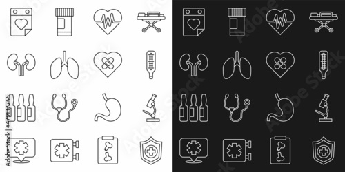 Set line Life insurance in hand, Microscope, Medical thermometer, Heart rate, Lungs, Human kidneys, Doctor appointment and Healed broken heart icon. Vector