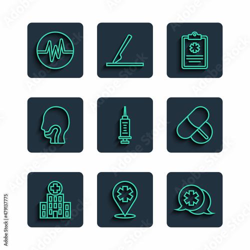 Set line Medical hospital building, Location with cross, Dialogue the doctor, Clinical record, Syringe, Sore throat, Heart rate and Medicine pill tablet icon. Vector