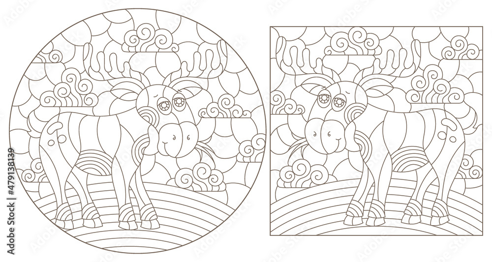 A set of contour illustrations in the style of stained glass with cute cartoon mooses, dark contours on a white background