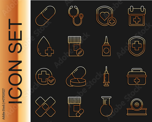 Set line Otolaryngological head reflector, First aid kit, Medical shield with cross, Shield and heart rate, Medicine bottle pills, Donate drop blood, tablet and Bottle nasal spray icon. Vector