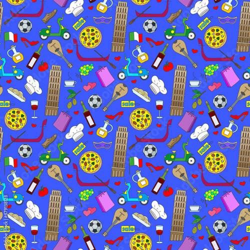 Seamless pattern on the theme of journey in the country of Italy, simple color icons on blue background