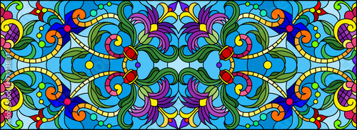 Illustration in stained glass style with abstract flowers  leaves and curls on a blue background  rectangular horizontal image