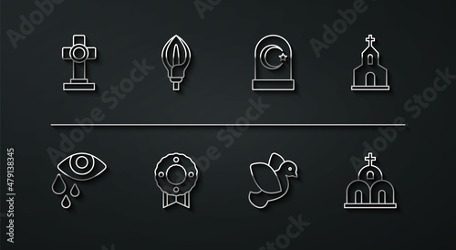 Set line Grave with cross, Tear cry eye, Church building, Dove, Memorial wreath, Lily flower, and Muslim cemetery icon. Vector