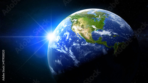 Fototapeta Naklejka Na Ścianę i Meble -  Earth planet with glowing sun over starfield in deep space. Science fiction fictional cosmic eclipse background with earth globe and stars with NASA earth textures, detailed 3D render illustration.