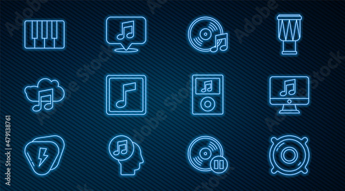 Set line Stereo speaker, Computer with music note, Vinyl disk, Music tone, streaming service, synthesizer, player and Musical speech bubble icon. Vector