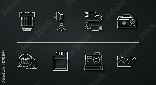 Set line Camera photo lens, Photo camera, SD card, Softbox light, retouching and USB cable cord icon. Vector
