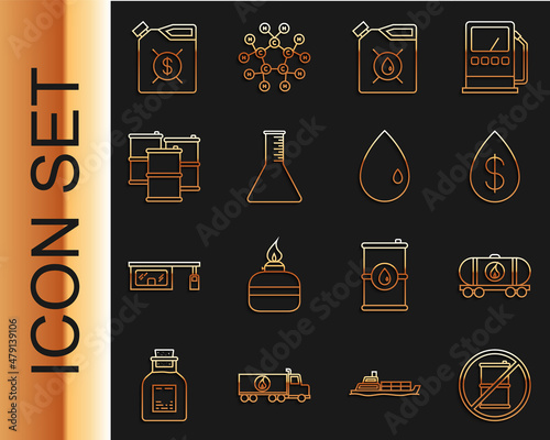 Set line No barrel for gasoline, Oil railway cistern, drop with dollar, Canister motor machine oil, petrol test tube, Barrel, and icon. Vector