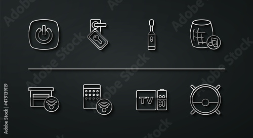 Set line Smart home, garage, Voice assistant, Multimedia and TV box receiver, Air humidifier, Digital door lock, Robot vacuum cleaner and Electric toothbrush icon. Vector