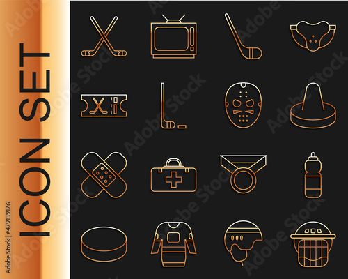 Set line Hockey helmet, Fitness shaker, Mallet for playing air hockey, Ice stick, and puck, sports ticket, sticks and mask icon. Vector