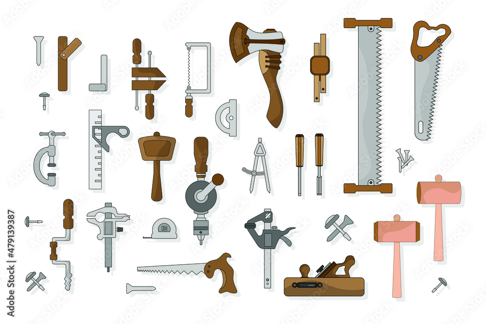 Fototapeta premium A set of carpentry tools. Ready-made elements for design. Vector illustration in a flat style. EPS10