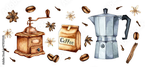 Set of watercolor painting craft package with coffee beans, coffee grinder, coffee maker and spices cinnamon, cloves. Black coffee or cappuccino. Hot drink for breakfast. Refreshing drink. Isolated