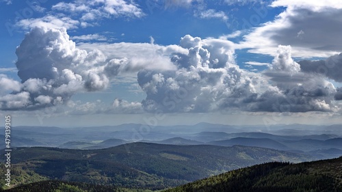 Scenic view with cloudy summer sky over moutains