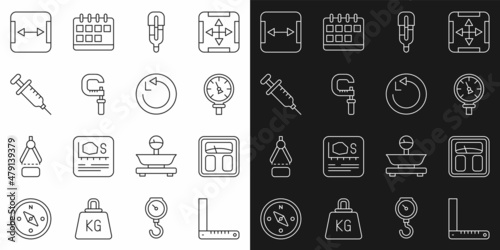 Set line Corner ruler, Bathroom scales, Pressure water meter, Medical thermometer, Micrometer, Syringe, Area measurement and Radius icon. Vector