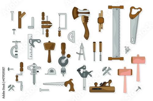 A set of carpentry tools. Ready-made elements for design. Vector illustration in a flat style. EPS10