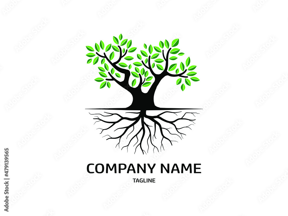 Obraz premium Tree and roots with green leaves look beautiful and refreshing. Tree and roots LOGO style.