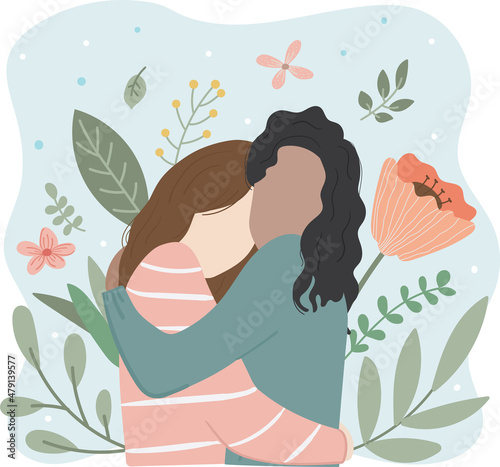 Hand drawn Vector character illustration of women hug each other. love friendship day free