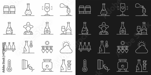 Set line Bottle of wine, Sun and cloud weather, Wine bottle with glass, Farmer hat, Wooden barrel for and Champagne icon. Vector